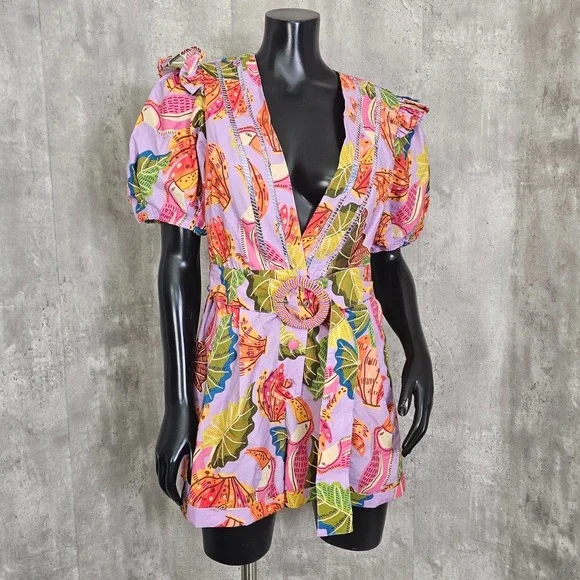 FARM Rio Lilac Beaks & Bananas Romper Puff Sleeve Belted M NWT - Picture 2 of 13
